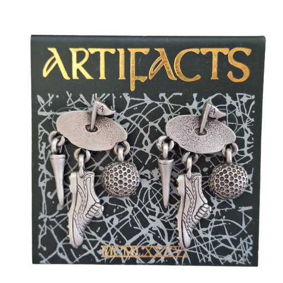 JJ Jonette ARTIFACTS Vintage Pewter Golf Dangle Earrings - Picture 1 of 3